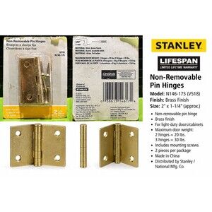 Stanley Non-Removable Pin Butt Hinges 3 in Brass Finish 2-Pack w/Screws
